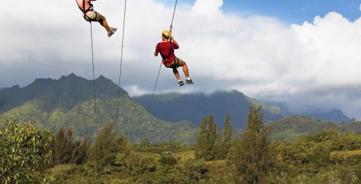 two person riding on zipline above forest during daytime