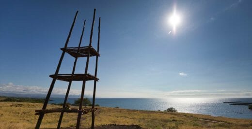 gray wooden 3-layer rack near body of water during daytime